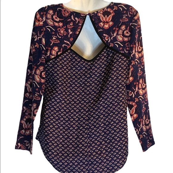 Veronica Beard blouse Sz 0 100% silk plum floral batik print seamed long sleeve - Picture 7 of 10